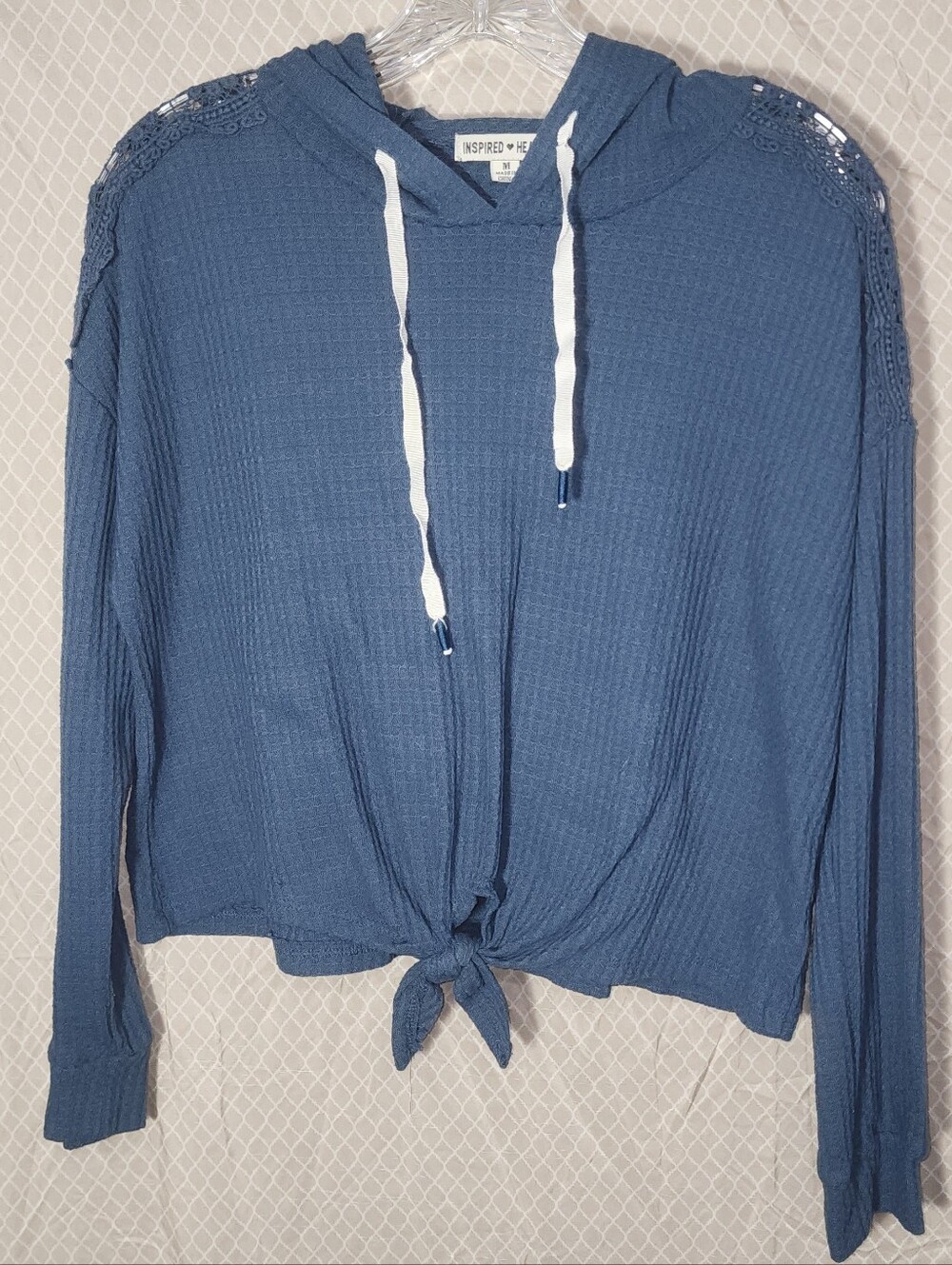 Inspired Hearts Waffle Knit Hooded Tiefront Detailed Lace Shoulder Blue Womens M
